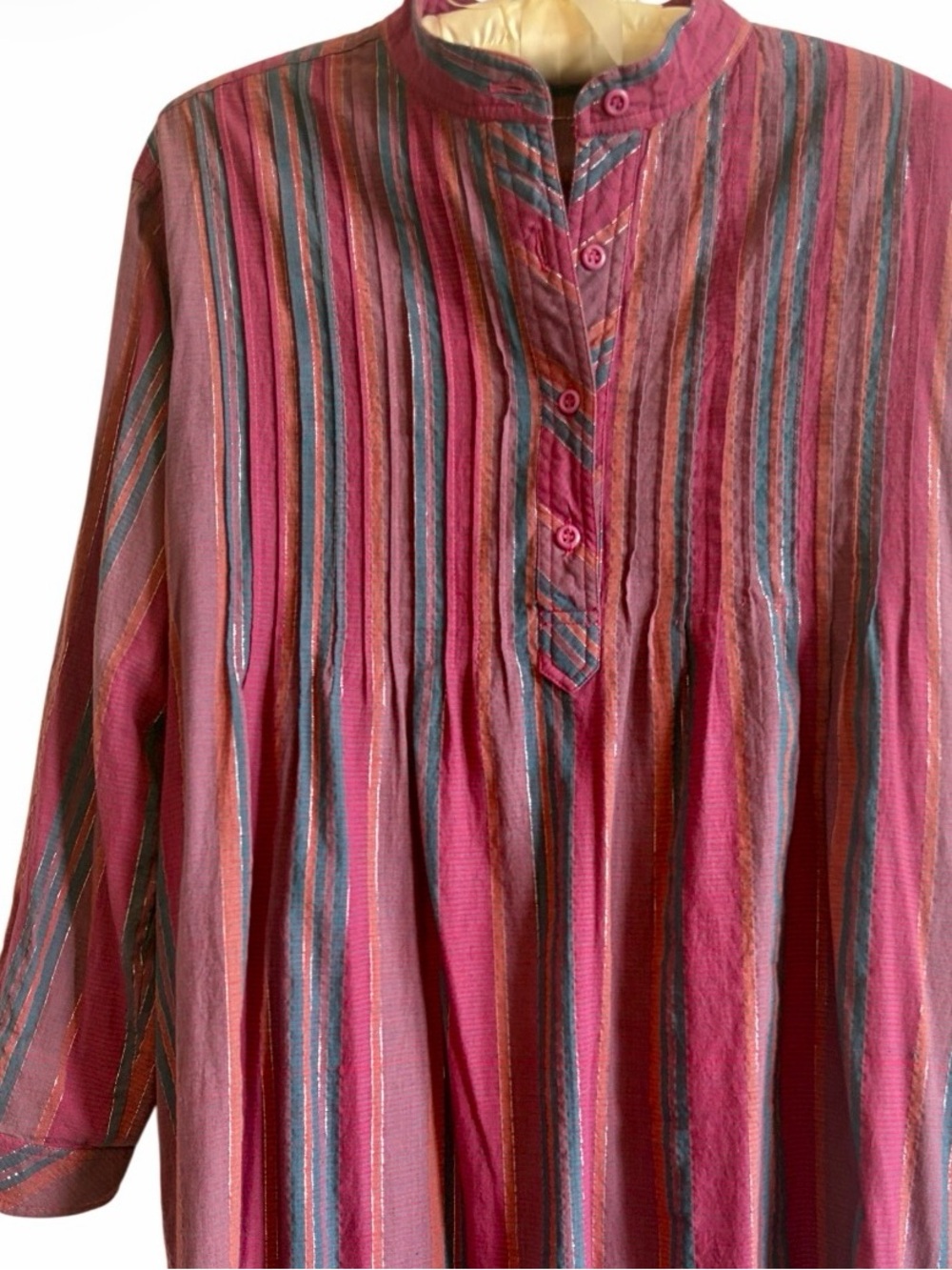 Vintage Indian Cotton Shirt Dress Lounge Caftan Midi Boho Stripe 1970 - 80s L XL